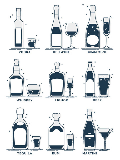 Μπουκάλι και γυάλινη βότκα κόκκινο κρασί σαμπάνια ουίσκι λικέρ μπύρα τεκίλα ρούμι μαρτίνι γραμμή τέχνη σε επίπεδο στυλ. Ποτό εστιατόριο αλκοολούχο εικονογράφηση για εορταστικό σχεδιασμό. Στοιχείο περιγράμματος σχεδίασης - Διάνυσμα, εικόνα