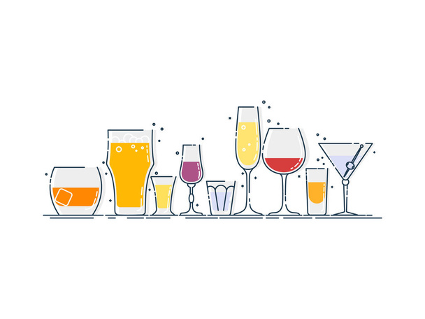 Collection glassware alcoholic drinks. Alcohol glass stand in row. Illustration isolated. Flat design style with color fill. Beer champagne wine whiskey liquor vodka martini whiskey rum tequila - Vector, Image