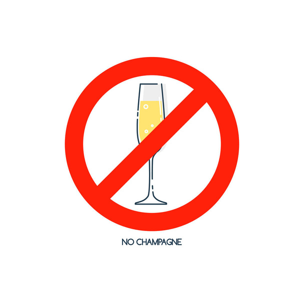 禁酒法のアルコール。シャンパンにサインするな。赤丸でワインのガラスの色のイラスト。現代的なスタイルで飲料フラットラインを禁止します。警告シンボルアイコン。飲酒、アルコールの警告イラストを停止 - ベクター画像