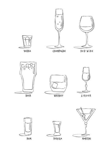 Votka, kırmızı şarap, şampanya, viski, tekila, rom martini. Kutlama tasarımı için restoran içeceği çizimi. Tasarım konumu ögesi - Vektör, Görsel