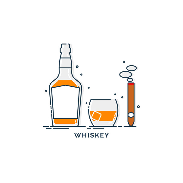 氷と燃える葉巻とウィスキーグラスのボトル。アルコール飲料とリラックスした喫煙の目的地のセット。白を基調とした独立した平面図。レストランやパブのためのラインアートデザイン - ベクター画像