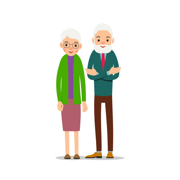 Starší pár. Dva staří lidé stojí. Starší muž s holí v ruce a žena stojí pohromadě a objímají se. Ilustrace izolované na bílém pozadí v plochém stylu - Vektor, obrázek