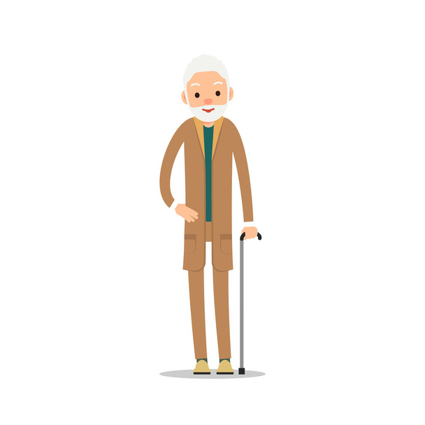 Staruszek z brodą. Starszy mężczyzna opiera się na kiju. Ilustracja kreskówki izolowane na białym tle w płaskim stylu - Wektor, obraz