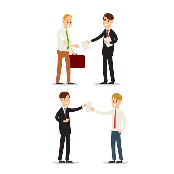 Set businessman documents. Meeting of two businessmen for the transfer of papers. Transfer the contract from hand to hand. Receive documents. Cartoon illustration isolated on white background in flat style - Vector, Image