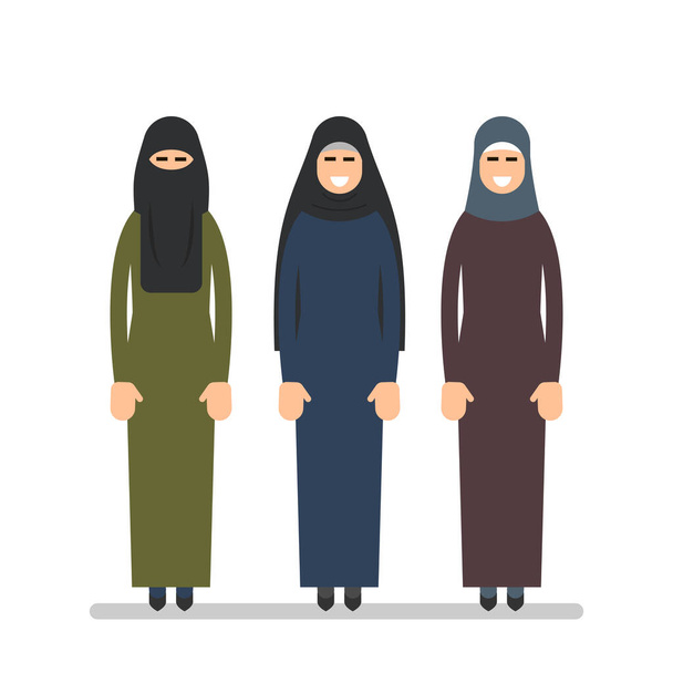 Mujer musulmana o árabe en hiyab. Las mujeres se paran en la ropa tradicional usando hijab. Personajes aislados de representantes del Islam sobre un fondo blanco en un estilo plano
 - Vector, Imagen