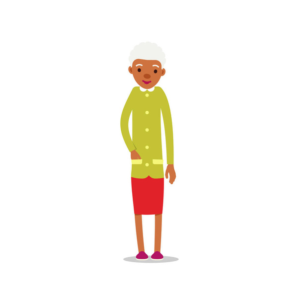 Glückliche alte afrikanische Frauen. Niedliche Großmutter stehend und lächelnd. Traditioneller Lebensstil im Ruhestand. Ältere schwarze Dame ging in Rente. Cartoon-Illustration isoliert auf weißem Hintergrund in flachem Stil - Vektor, Bild