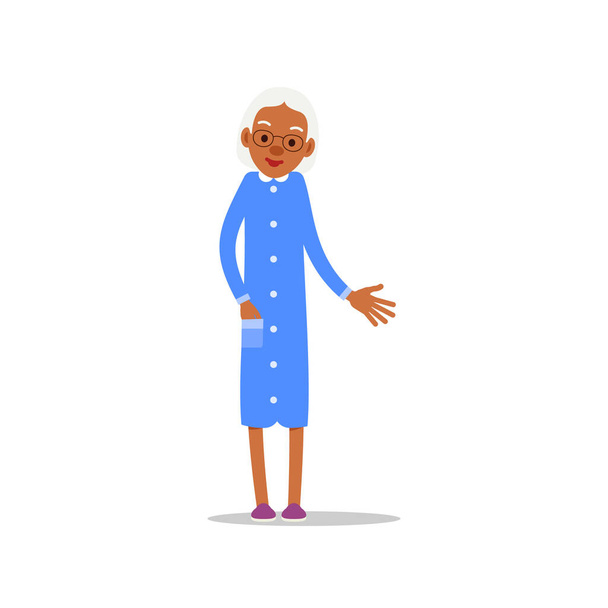 Velha africana feliz. Vovó bonito de pé e sorrindo. Estilo de vida tradicional. Senhora negra mais velha aposentada. Desenhos animados ilustração isolada no fundo branco em estilo plano
 - Vetor, Imagem