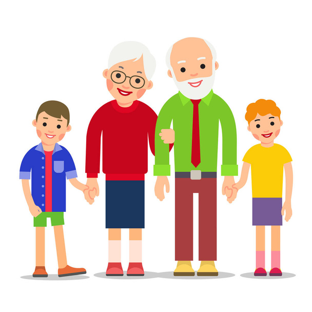 Γέροι και παιδιά. Ευτυχισμένα παιδιά και παππούδες. Χαρούμενη οικογενειακή ιδέα. Η γιαγιά και ο παππούς στέκονται και κρατάνε τα εγγόνια τους από το χέρι. Εικόνα απομονωμένη σε λευκό φόντο σε επίπεδο. - Διάνυσμα, εικόνα