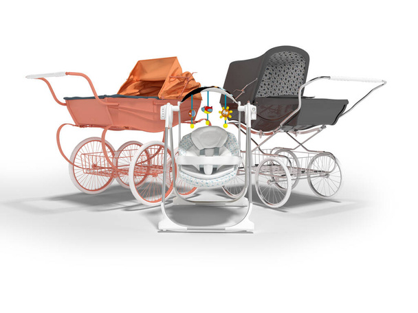 Set de rendu 3D pour bébé endormi, orange et noir deux poussettes bébé pour chaise de marche et berceau avec jouets sur fond blanc avec ombre - Photo, image