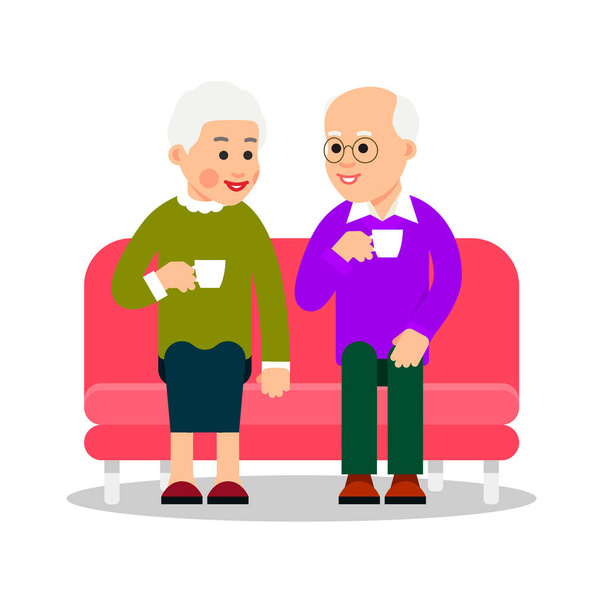 Starý pár pije kávu nebo čaj. Starší lidé sedí na gauči a pijí horký nápoj z pohárů. Starší pár se usmívá. Šťastný odchod. Plochý. Karikatura ilustrace izolované bílé pozadí - Vektor, obrázek