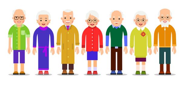Grupa starszych ludzi. Osoby dorosłe stoją obok siebie. Starsi mężczyźni i kobiety. Starsi obywatele kaukascy. Ilustracja postaci odizolowanych na białym tle w płaskim stylu - Wektor, obraz