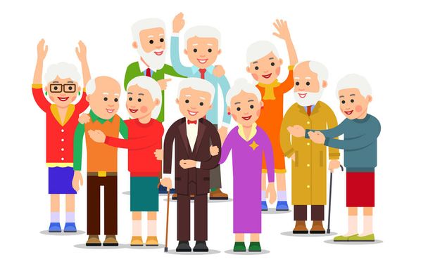 Группа стариков. Толпа пожилых мужчин и женщин. Веселые пожилые люди на улице. Счастливая пара путешествует вместе. Улыбающиеся пожилые кавказские пенсионеры. Иллюстрация выделена на белом фоне в плоском стиле. - Вектор,изображение