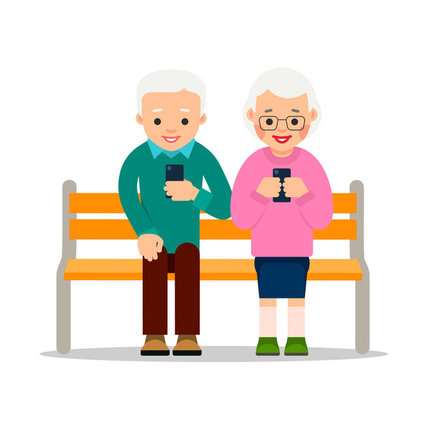 Staří lidé na telefonu. Pár starších důchodců sedí v parku na lavičce. Staří lidé chatují s přáteli nebo členy rodiny pomocí svých telefonů. Koncept odpočinku pro důchodce. Izolovaná plochá ilustrace. - Vektor, obrázek