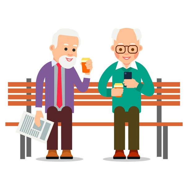 Vecchi al telefono. Anziani felici a svago. Concetto di comunicazione con tecnologia digitale. Un uomo anziano seduto al parco a scambiarsi notizie. Moderna illustrazione piatta su sfondo bianco - Vettoriali, immagini
