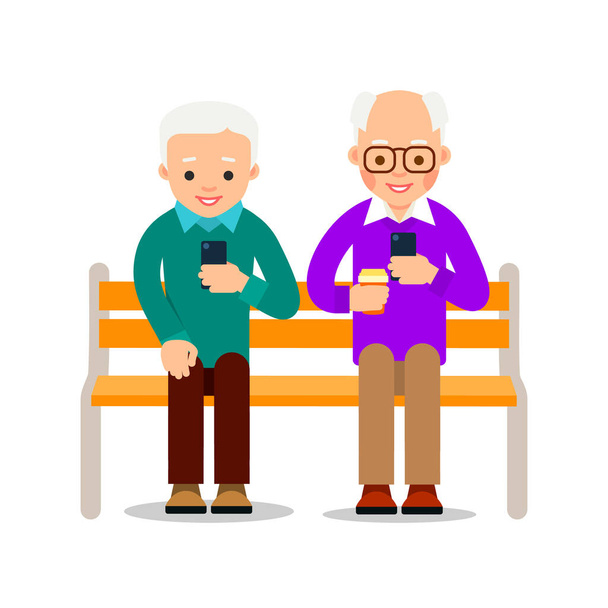 Vecchi con il telefono. Nonno e uomo anziano sono seduti sulla panchina e sorridente leggere messaggi in smartphone. Buon pensionamento. Illustrazione del fumetto isolato su sfondo bianco in stile piatto - Vettoriali, immagini