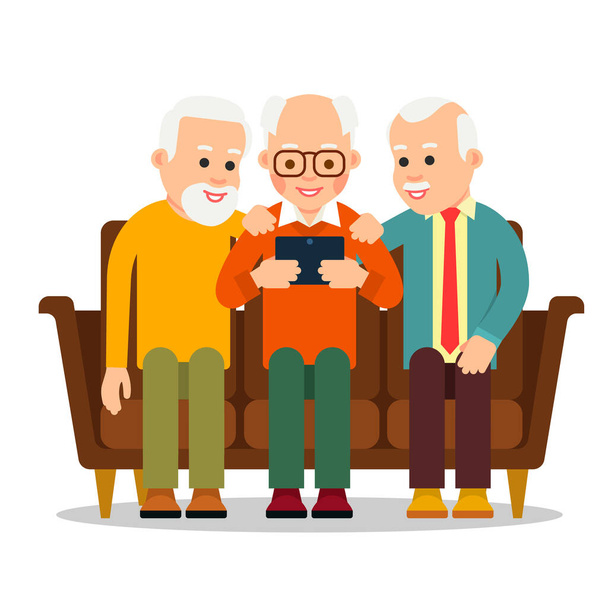 Oude mannen zitten. Drie oudere mannen zitten op de bank en kijken naar informatie op tablet pc. Concept van vrije tijd van gepensioneerden met behulp van moderne technologie. Platte cartoon illustratie geïsoleerd - Vector, afbeelding
