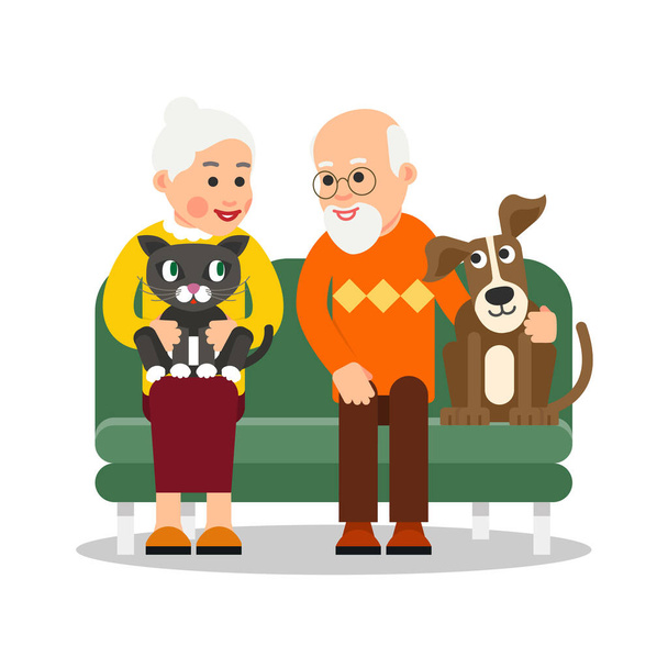Alte Menschen mit Tieren. Ältere Paare sitzen auf der Couch und lächeln liebevoll. Neben dem Großvater liegt Hund, die Katze auf dem Schoß der Großmutter. Illustration isoliert in flachem Stil - Vektor, Bild