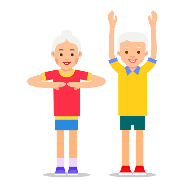Velhos e desportos. Os avós fazem ginástica de saúde. Idosos a fazer atividade física. Adultos fazendo exercícios físicos. Desenhos animados ilustração isolada no fundo branco em estilo plano
 - Vetor, Imagem