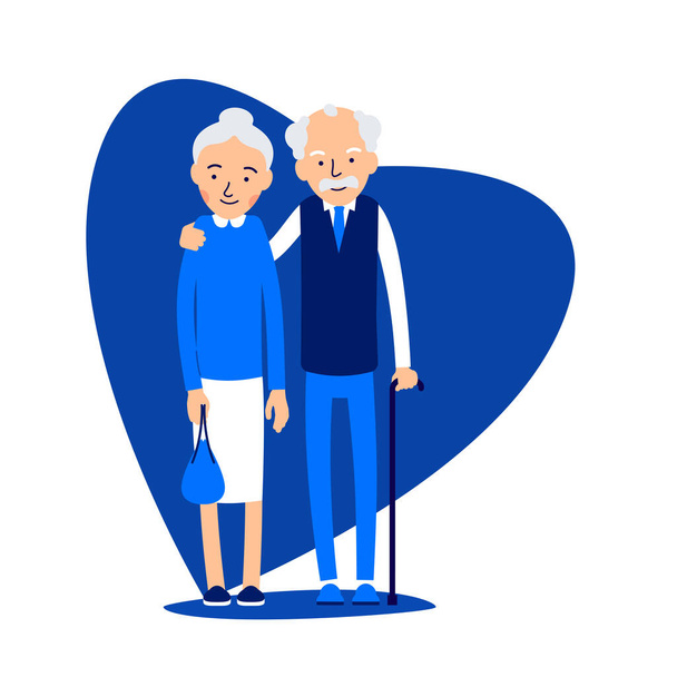 Old couple. Two aged people stand. Elderly man and woman stand together and hug each other. Illustration isolated on white background in flat style - Wektor, obraz