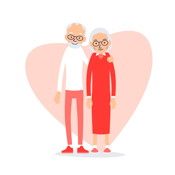 Vanha pariskunta. Kaksi iäkästä ihmistä seisoo. Vanhukset seisovat yhdessä ja halaavat toisiaan. Kuva eristetty valkoisella pohjalla litteään tyyliin - Vektori, kuva