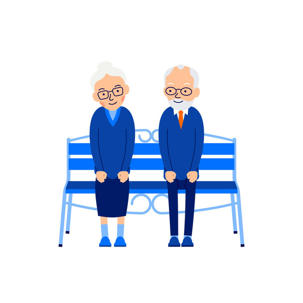 Starsza para siedzi na ławce. Starszy mężczyzna siedzi na ławce i uśmiecha się patrząc na starszą kobietę siedzącą obok niego. Ilustracja postaci odizolowanych na białym tle w płaskim stylu - Wektor, obraz