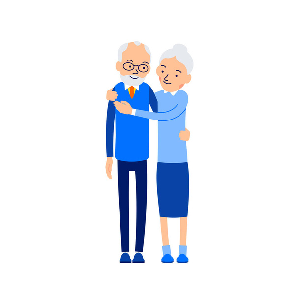 Starý pár se objímá. Starší lidé postávají poblíž. Babička objímá jeho dědu. Muž objímá ženu. Ilustrace lidských postav izolovaných na bílém pozadí v plochém stylu. - Vektor, obrázek
