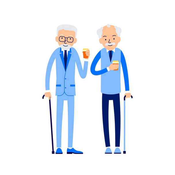 Two senior men with canes stand and drink coffee. Pensioners relax with help of hot drinks. Businessmans with cup of coffee during break. Illustration of people characters isolated in flat style - Vector, Image