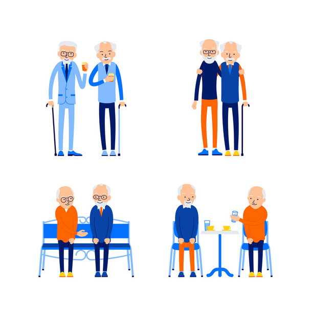 İki yaşlı adam. Dışarıdaki Kafkasyalı yaşlılar. Mutlu emeklilik. Gülümseyen büyükbabalar oturuyor. Emekliler boş zamanlarını birlikte geçirirler. Görüntü düz arkaplanda izole edildi. - Vektör, Görsel