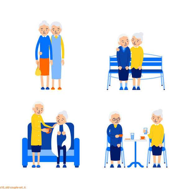 Пожилые женщины друзья. Набор с участием пар пожилых женщин. Пожилые женщины стоят, сидят, обнимаются и пьют кофе. Концепция счастливого отдыха для пожилых людей. Плоская иллюстрация изолирована - Вектор,изображение