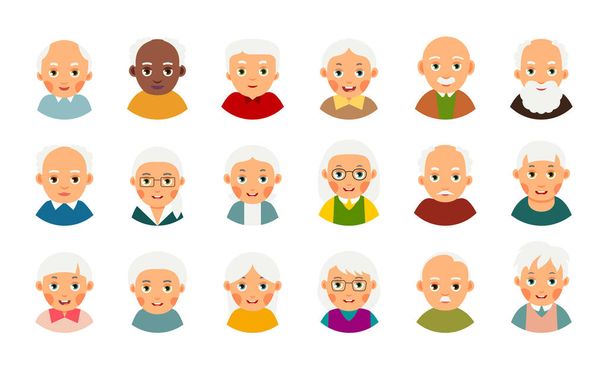 Starzy użytkownicy Avatara. Zestaw ikon internetowych. Nowoczesna ilustracja z męskim i żeńskim użytkownikiem awatara osób starszych. Kolekcja szczęśliwa i uśmiechnięta twarze emerytów postaci. Odizolowany płaski portret na białym tle - Wektor, obraz