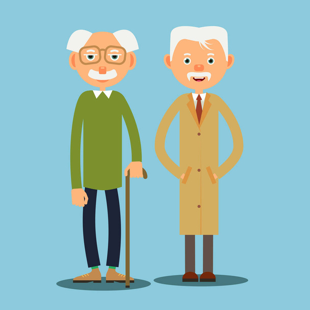 Kaksi iäkästä miestä seisomassa yhdessä hymyillen. Kuvitus litteään tyyliin. Eristetään - Vektori, kuva
