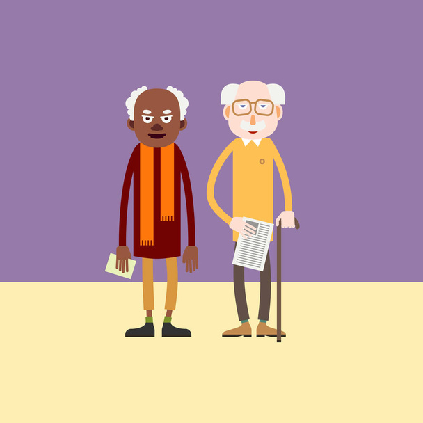 Dwóch starszych mężczyzn - Afroamerykanin i biały Europejczyk stoją z papierami w rękach / postacie z kreskówek emeryt / wektor płaski styl - Wektor, obraz