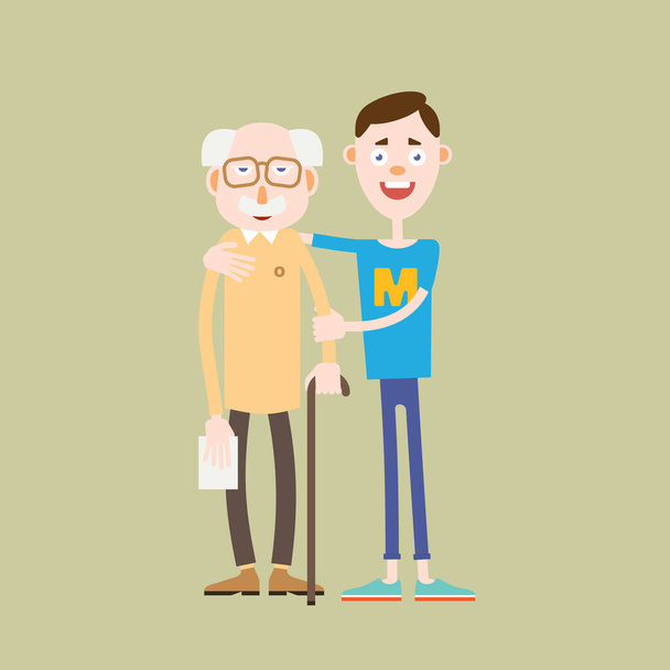 Un ragazzo aiuta un vecchio con un bastone che lo abbraccia e lo sostiene per mano. Illustrazione in stile piatto. Isolato - Vettoriali, immagini
