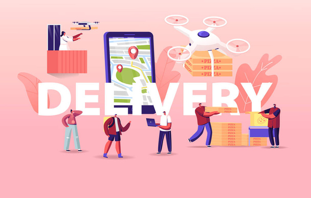 Pessoas usando drones para o conceito de entrega de alimentos. Quadcopters Trazendo Pizza para Personagens. Controle remoto de drones aéreos
 - Vetor, Imagem