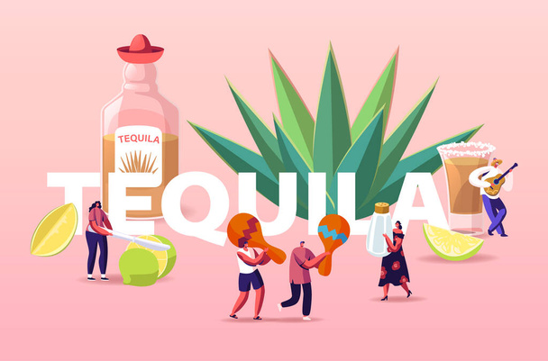 Mensen drinken Tequila Concept. Kleine karakters met Maracas, Zout en Limoen op Enorme Fles en Agave Azul Plant Poster - Vector, afbeelding