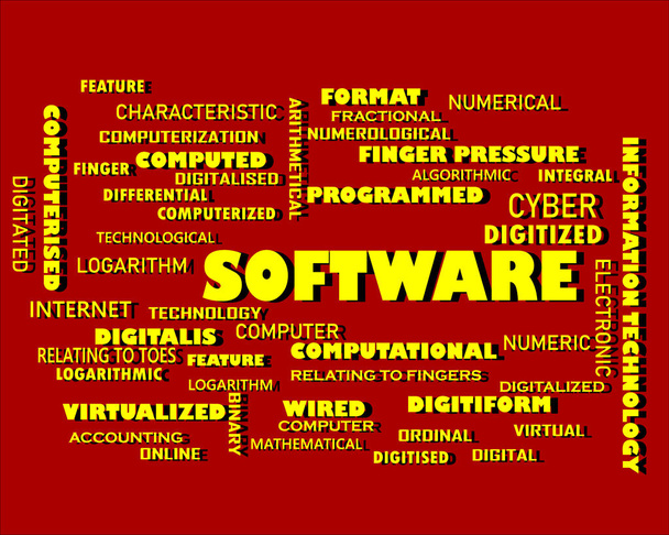 Mot logiciel présenté avec la terminologie liée à la technologie multiple sur le nuage de texte coloré résumé. - Vecteur, image