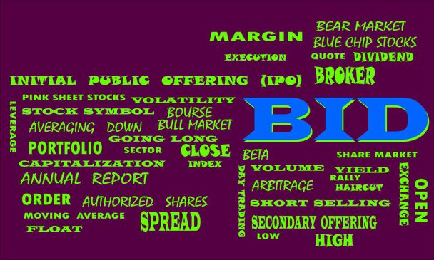 Bid word connected to the stock market displayed with multiple synonymous words cloud texture background. - Vector, Image