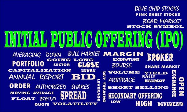 Initiële openbare aanbieden woord verbonden met de aandelenmarkt weergegeven met meerdere synonieme woorden wolk textuur achtergrond. - Vector, afbeelding