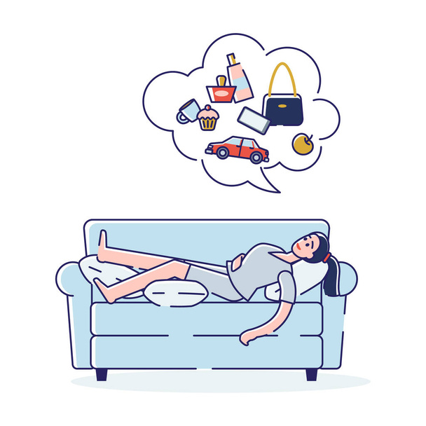 Chica insomne tumbada en el sofá soñando con el futuro y las compras. Concepto de insomnio
 - Vector, imagen