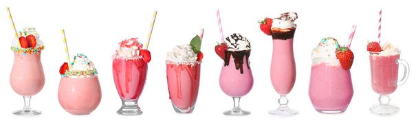 Tasty strawberry milkshake on white background - Foto, Bild