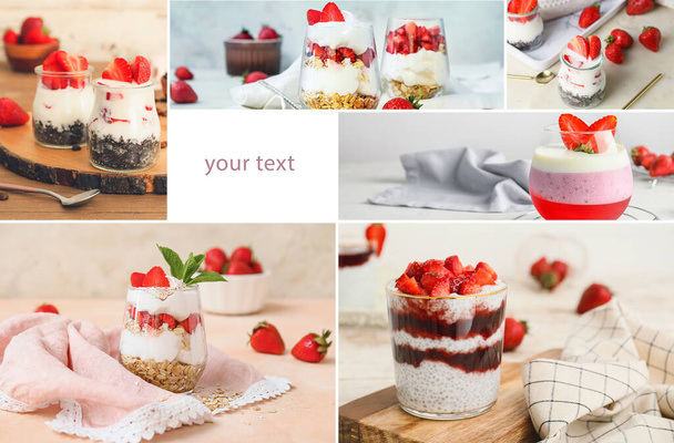 Kolaż zdjęć ze smacznymi deserami truskawkowymi i miejsce na tekst - Zdjęcie, obraz