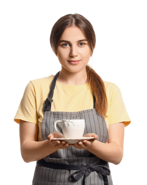 Vrouwelijke barista op witte achtergrond - Foto, afbeelding