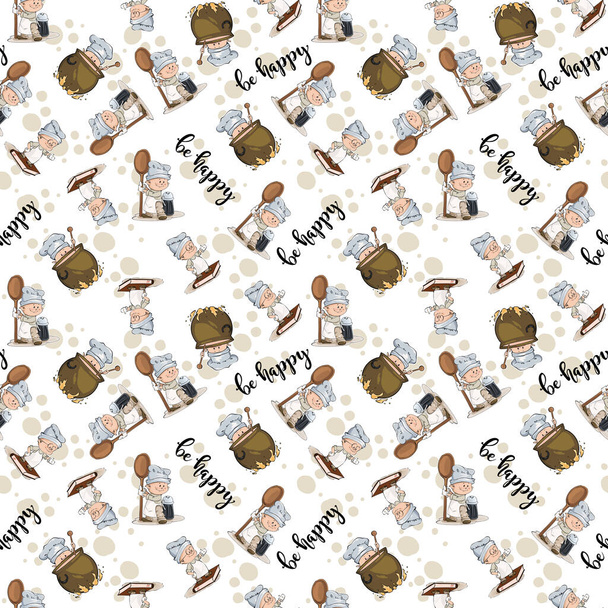 Seamless pattern with cute cooking characters. Cute pastry background with hand-drawn for cards, wrapping paper, invitations and other uses. - Photo, Image