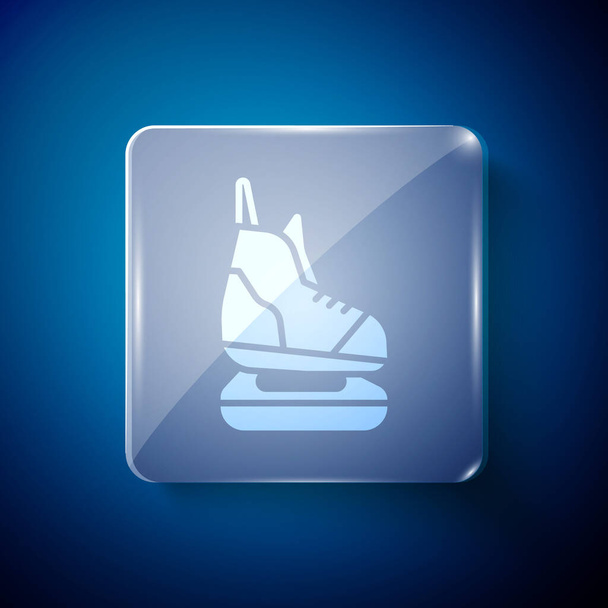 Weiße Schlittschuhe Symbol isoliert auf blauem Hintergrund. Eisschuh-Ikone. Sportschuhe mit Klingen. Quadratische Glasscheiben. Vektorillustration. - Vektor, Bild