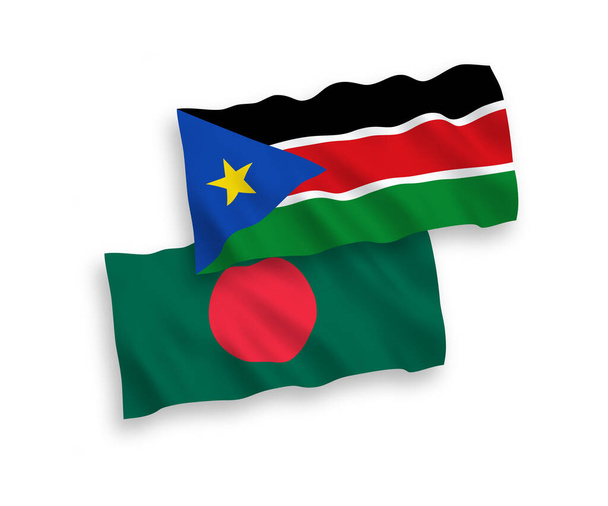 National vector fabric wave flags of Republic of South Sudan and Bangladesh isolated on white background. 1 to 2 proportion. - Vector, Image