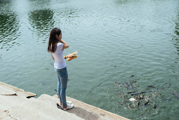 Casual donna sguardo nutrire i pesci nel lago con il pane. - Foto, immagini