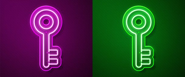 Icono de la llave de la casa de línea de neón brillante aislado sobre fondo púrpura y verde. Ilustración vectorial. - Vector, imagen