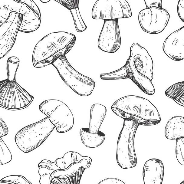 Ručně kreslené houby na bílém pozadí. Bezešvý vektorový vzorec - Vektor, obrázek