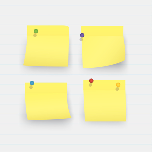 Four vector sticky yellow notepapers and colorfully pins. Curly - Διάνυσμα, εικόνα