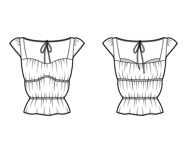 Tričko technické módní ilustrace s nadrozměrným tělem, skryté knoflíkové zapínání vpředu, jemné volánky - Vektor, obrázek